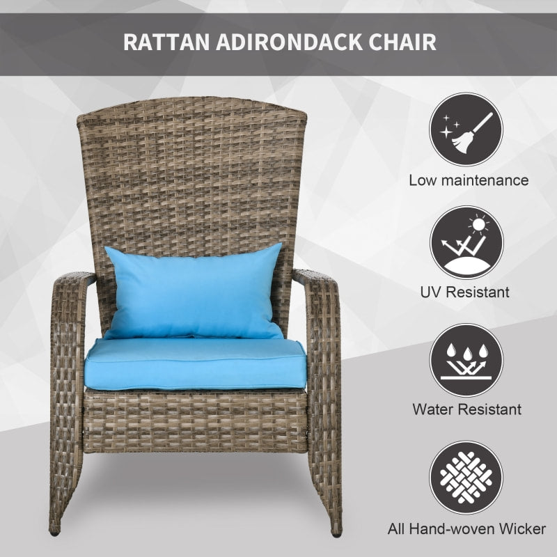 PE Rattan Wicker Muskoka Adirondack Chair Lounge Patio Deck Garden Seat, Lt Brown, Blue Cushion