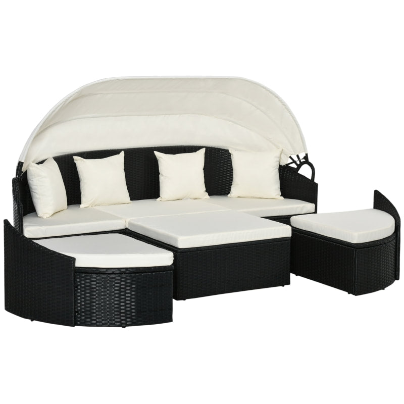4pc PE Rattan Wicker Canopy Daybed Lounge Patio Conversation Set w Cushions, Cream White, Black