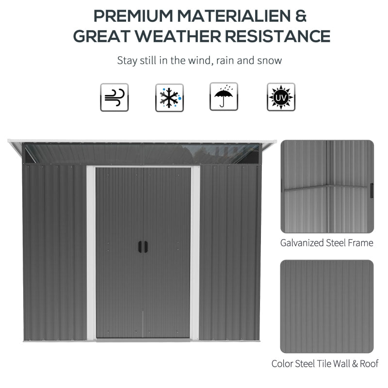 6.5’ x 8.5’ Outdoor Metal Storage Shed Organizer w/ Double Doors, Drainage for Patio - Grey