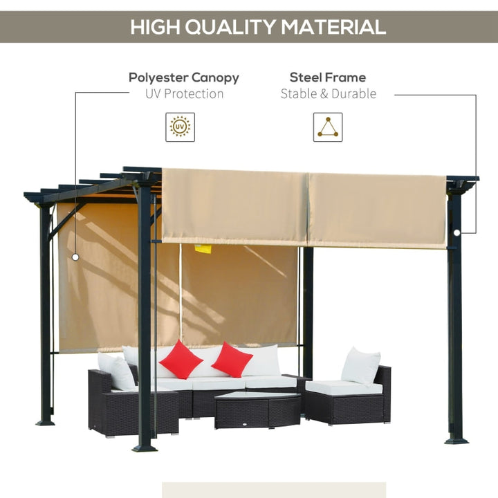 12' x 10' Steel Pergola Gazebo Shelter w Retractable Fabric Roof Shade Deck Patio, Black, Beige