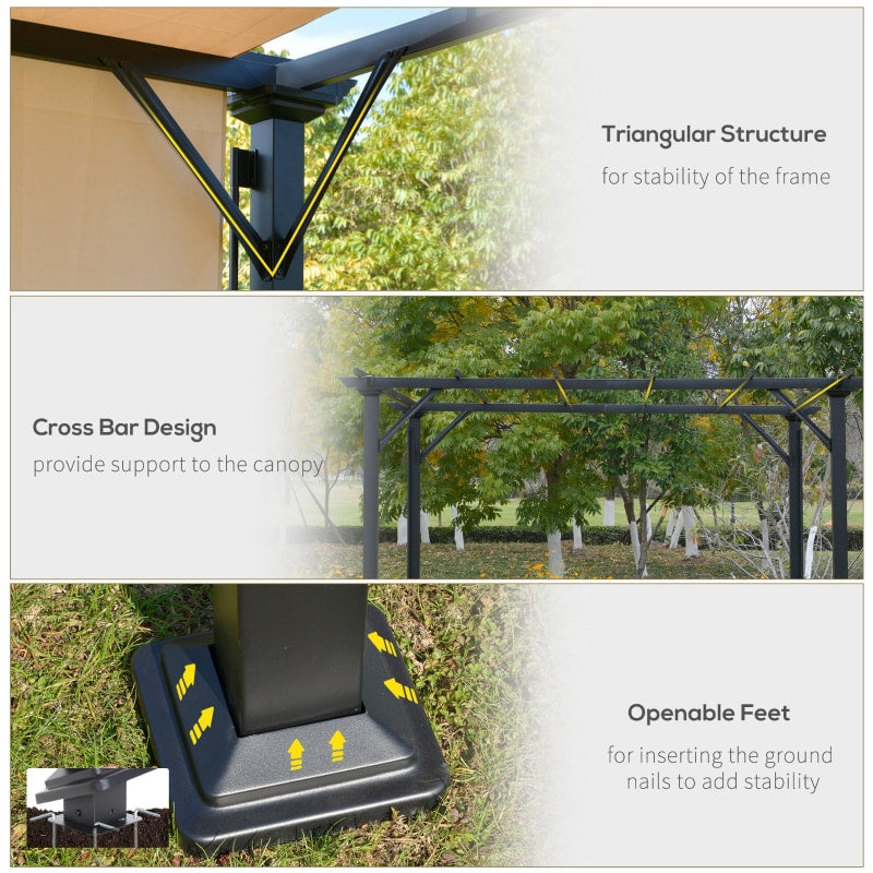 12' x 10' Steel Pergola Gazebo Shelter w Retractable Fabric Roof Shade Deck Patio, Black, Beige