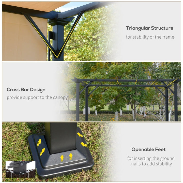 12' x 10' Steel Pergola Gazebo Shelter w Retractable Fabric Roof Shade Deck Patio, Black, Beige