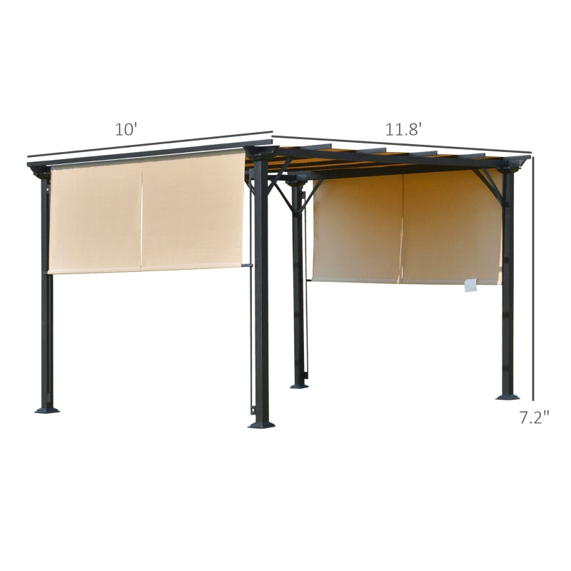 12' x 10' Steel Pergola Gazebo Shelter w Retractable Fabric Roof Shade Deck Patio, Black, Beige