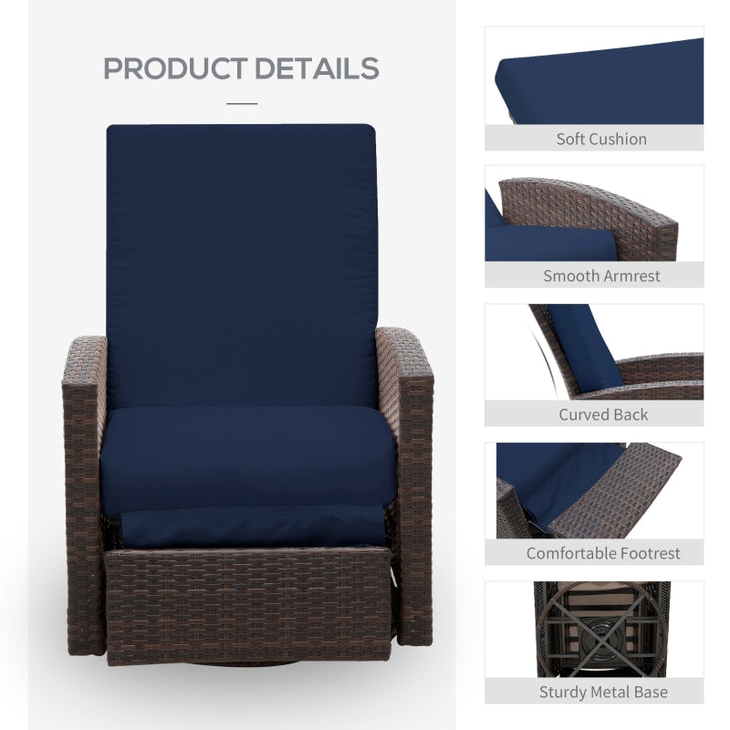 PE Rattan Wicker Outdoor Recliner Lounger Chair, Patio Tanning Beach Pool Deck Garden - DK Blue