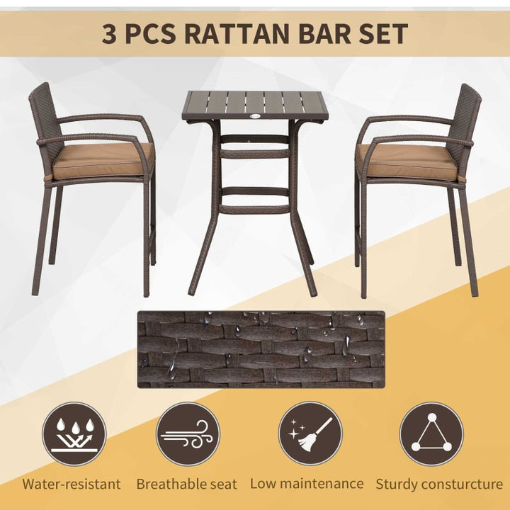 3pc PE Rattan Wicker Bistro Dining Bar Set Table & Chairs w Cushions Outdoor Patio Deck - Brown