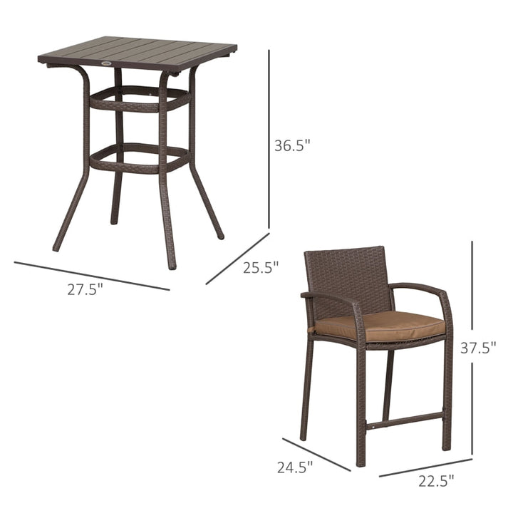 3pc PE Rattan Wicker Bistro Dining Bar Set Table & Chairs w Cushions Outdoor Patio Deck - Brown