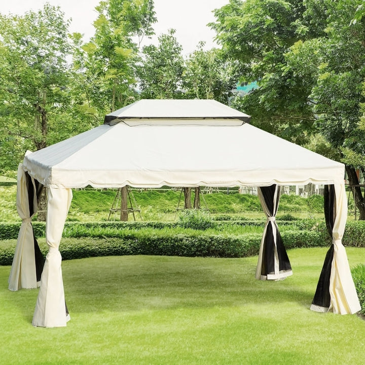 13' x 10' Aluminum Gazebo Canopy Patio Tent Shelter w Tiered Roof, Curtain, Mesh Net, Lt Beige