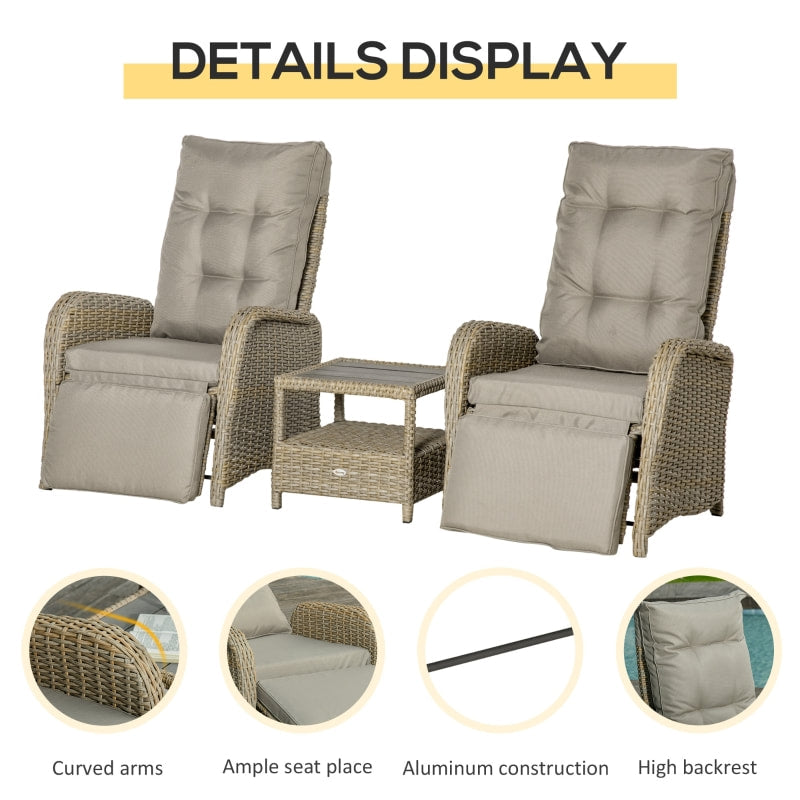 3pc Premium PE Rattan Wicker Aluminum Recliner Lounge Chairs Patio Set w Cushions, Khaki Beige