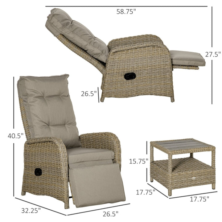 3pc Premium PE Rattan Wicker Aluminum Recliner Lounge Chairs Patio Set w Cushions, Khaki Beige