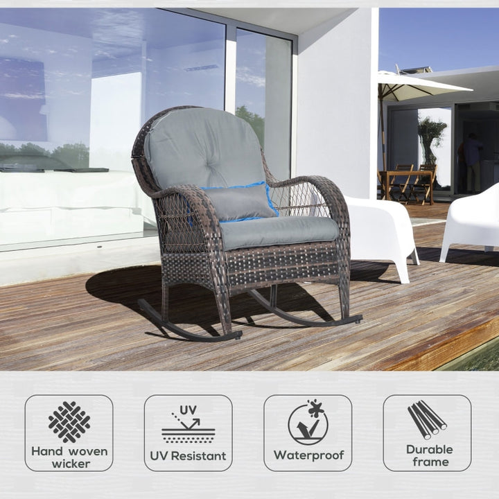 Outdoor PE Rattan Wicker Rocking Chair w Cushions for Garden Patio Deck Backyard - Grey & Brown