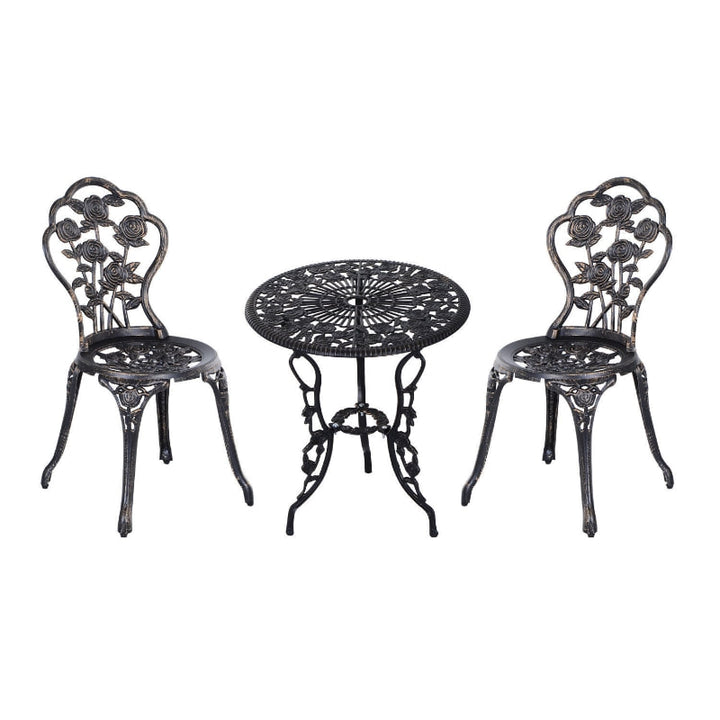 3pc Vintage Cast Aluminum Bistro Table & Chair Dining Set w Roses, Garden Patio Deck - Bronze