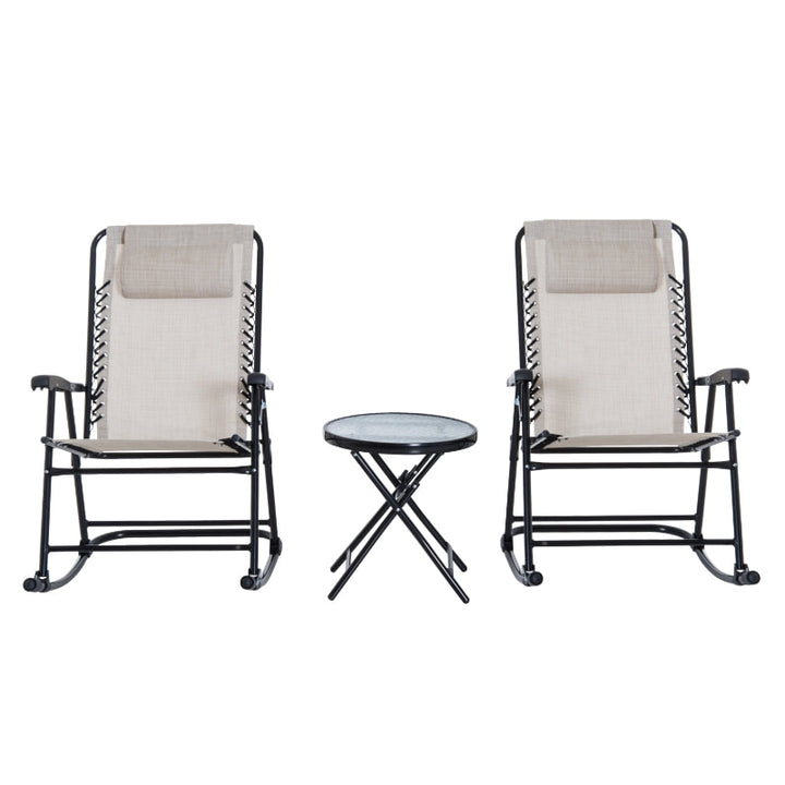 3pc Foldable Outdoor Rocking Mesh Bistro Lounger Set for Patio Pool Deck Garden - Cream Beige