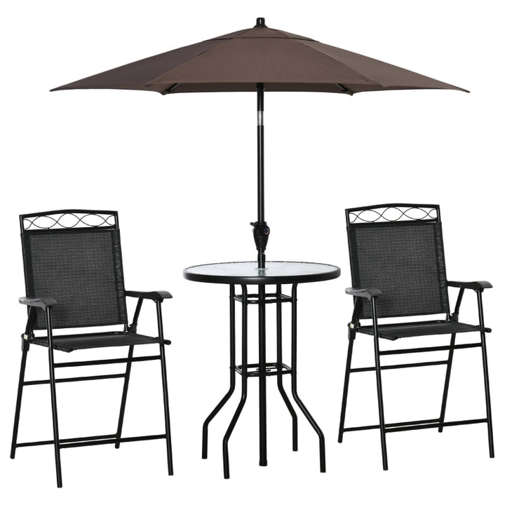 4pc Outdoor Dining Pub Set w 2 Folding Bar Chairs, Table, Umbrella for Patio Deck, Black, Brown