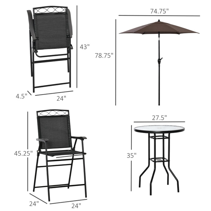 4pc Outdoor Dining Pub Set w 2 Folding Bar Chairs, Table, Umbrella for Patio Deck, Black, Brown
