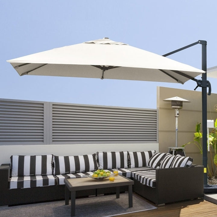 10ft Square Rotating Tilt Offset Cantilever Umbrella Patio Parasol w Cross Base, Cream White