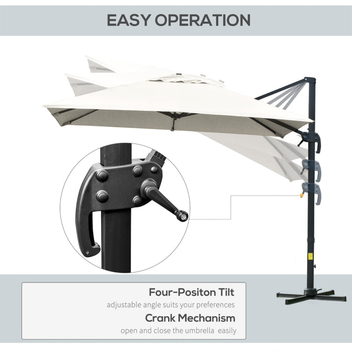 10ft Square Rotating Tilt Offset Cantilever Umbrella Patio Parasol w Cross Base, Cream White