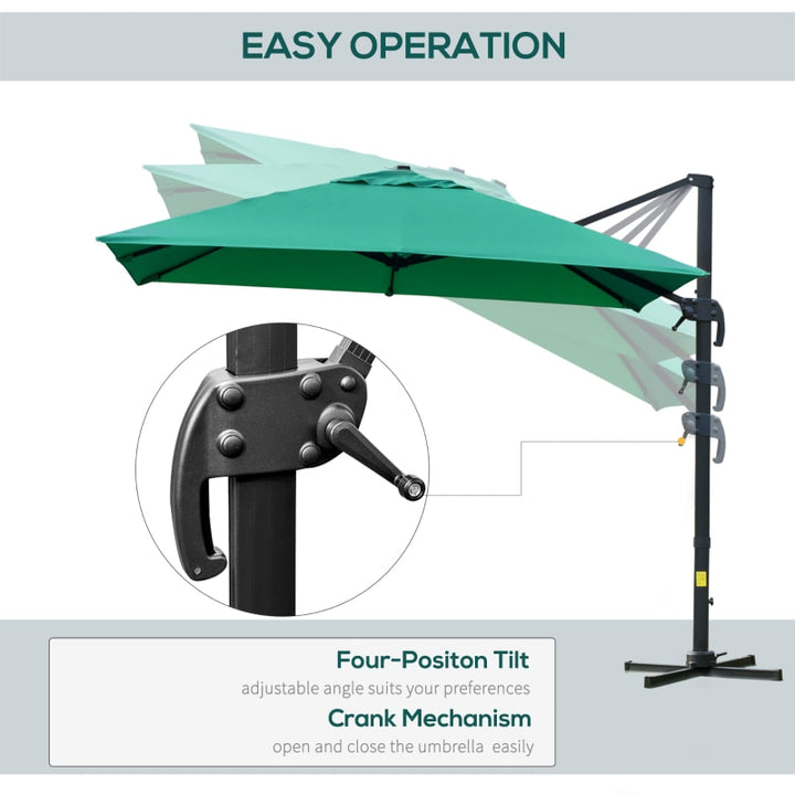 10ft Square Rotating Tilt Offset Cantilever Umbrella Patio Deck Parasol w Cross Base, Green