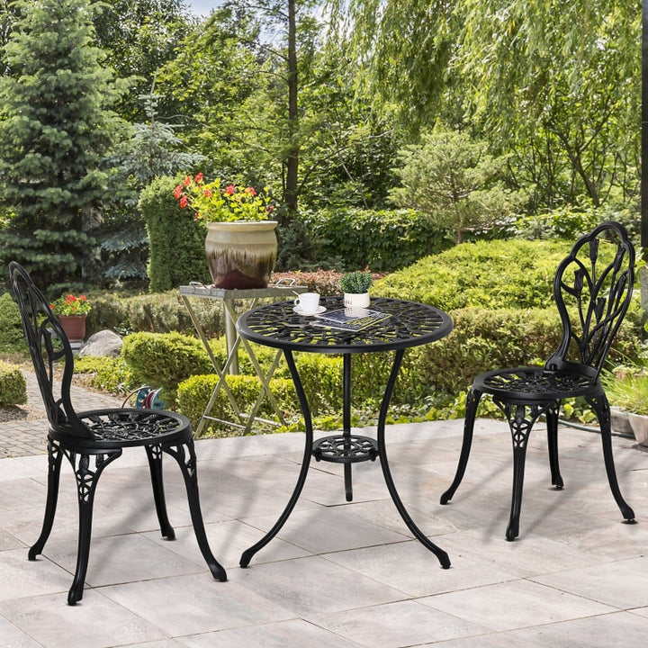 3pc Vintage Cast Aluminum Bistro Table & Chair Dining Set w Tulips, Garden Patio Deck - Black
