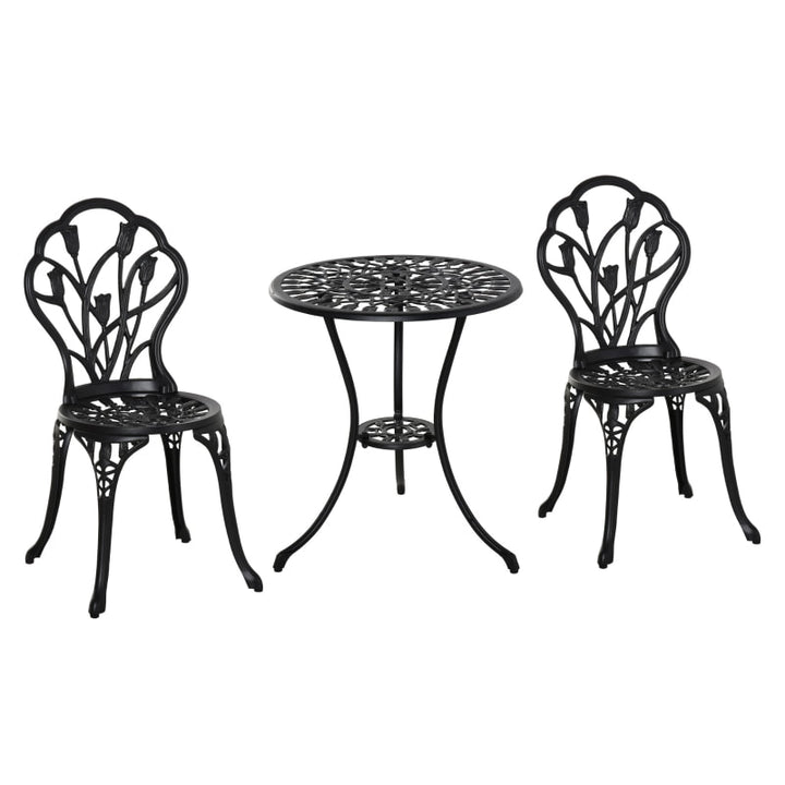 3pc Vintage Cast Aluminum Bistro Table & Chair Dining Set w Tulips, Garden Patio Deck - Black