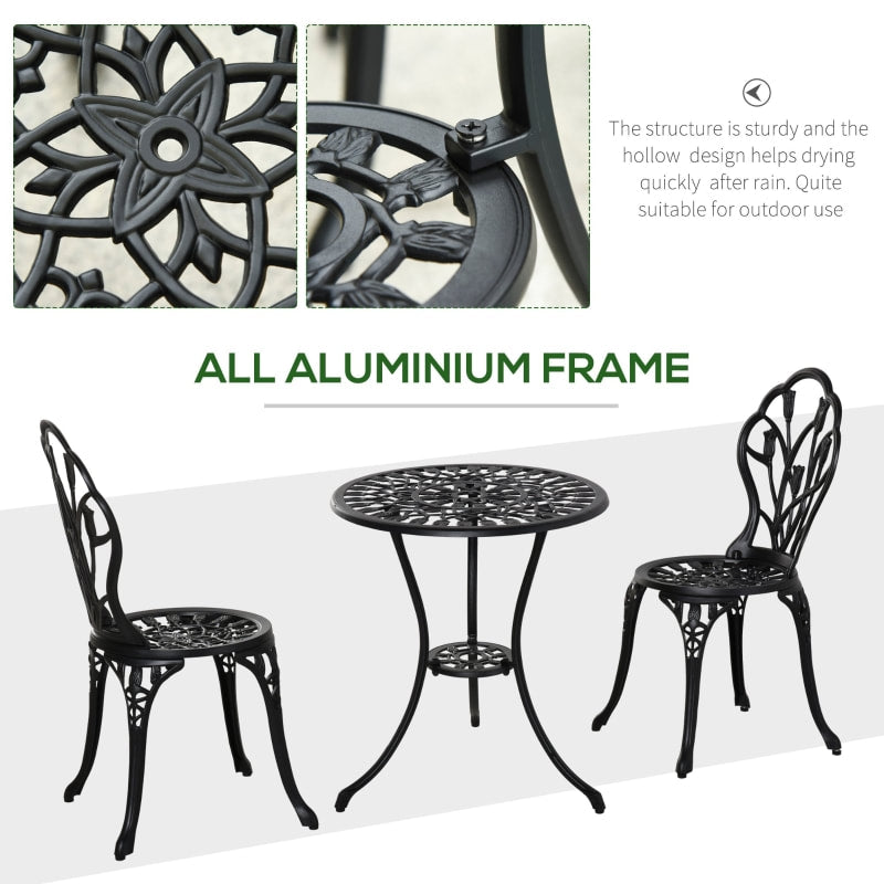 3pc Vintage Cast Aluminum Bistro Table & Chair Dining Set w Tulips, Garden Patio Deck - Black
