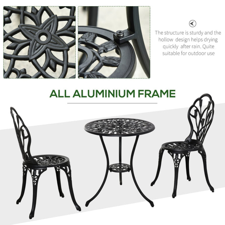 3pc Vintage Cast Aluminum Bistro Table & Chair Dining Set w Tulips, Garden Patio Deck - Black