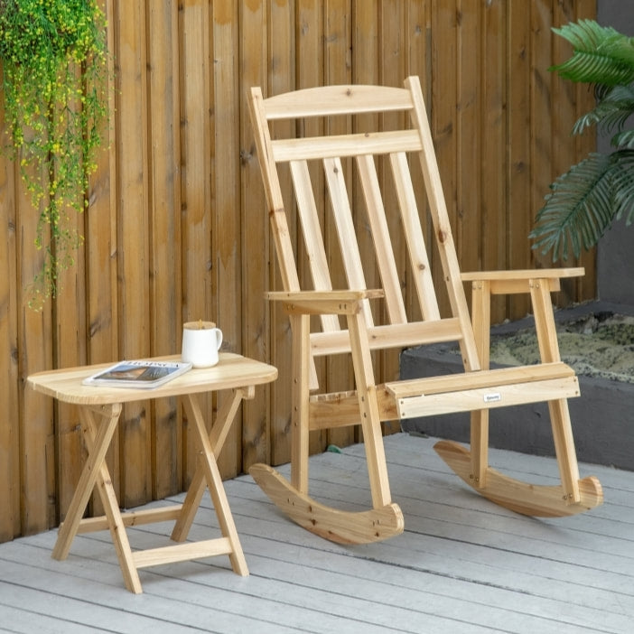 2pc Classic Wooden Porch Rocking Chair w Folding Table, Outdoor Patio Deck Garden, Natural Fir