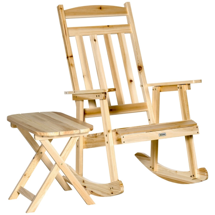 2pc Classic Wooden Porch Rocking Chair w Folding Table, Outdoor Patio Deck Garden, Natural Fir