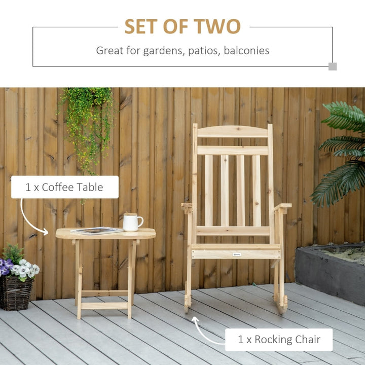2pc Classic Wooden Porch Rocking Chair w Folding Table, Outdoor Patio Deck Garden, Natural Fir