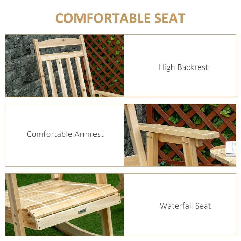 2pc Classic Wooden Porch Rocking Chair w Folding Table, Outdoor Patio Deck Garden, Natural Fir