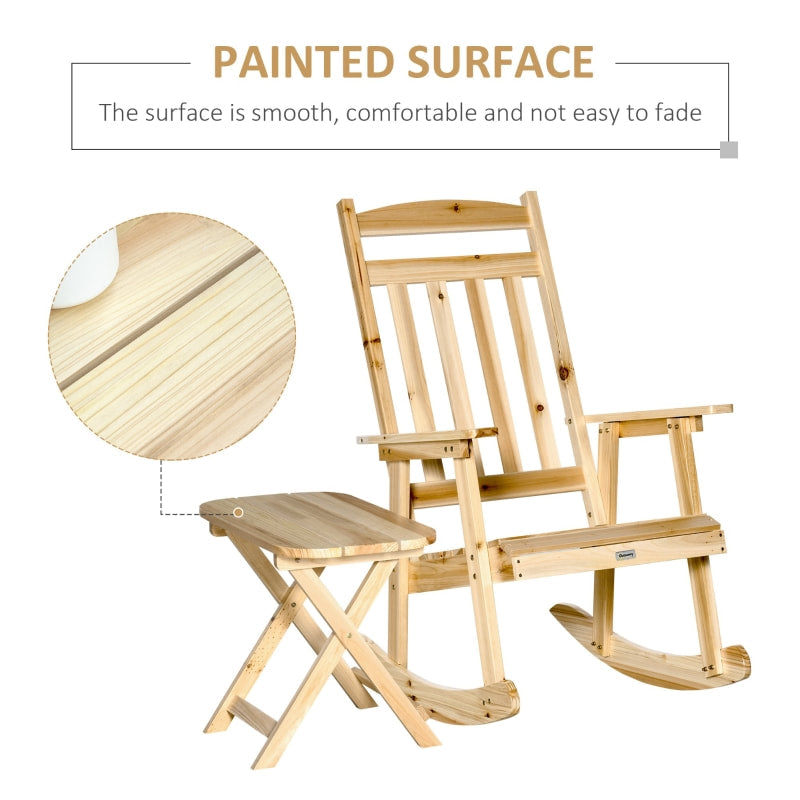 2pc Classic Wooden Porch Rocking Chair w Folding Table, Outdoor Patio Deck Garden, Natural Fir