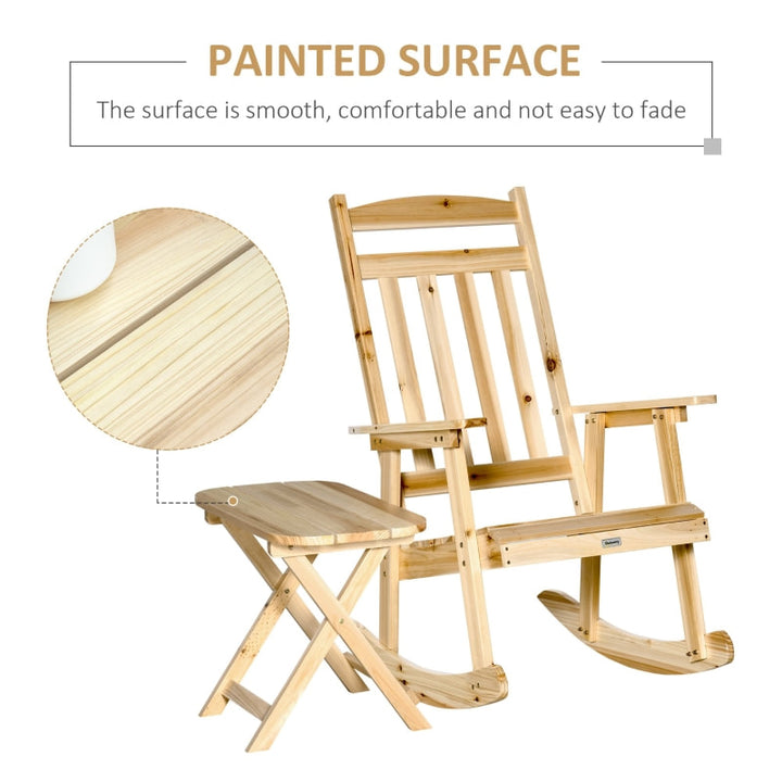 2pc Classic Wooden Porch Rocking Chair w Folding Table, Outdoor Patio Deck Garden, Natural Fir