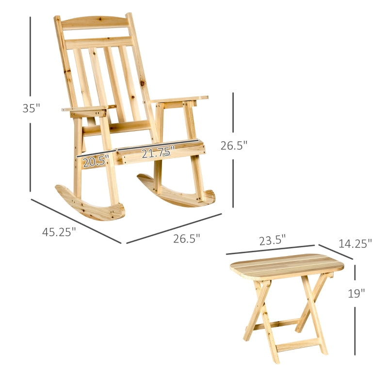 2pc Classic Wooden Porch Rocking Chair w Folding Table, Outdoor Patio Deck Garden, Natural Fir