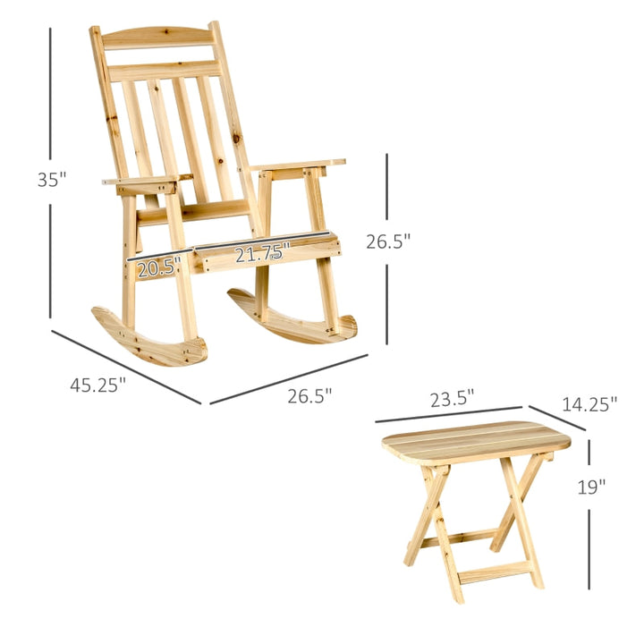 2pc Classic Wooden Porch Rocking Chair w Folding Table, Outdoor Patio Deck Garden, Natural Fir