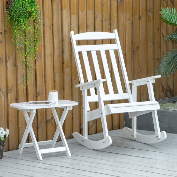 2pc Classic Wooden Porch Rocking Chair w Folding Table, Outdoor Patio Deck Garden, White Fir