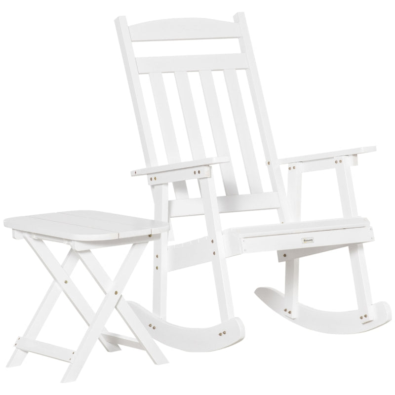 2pc Classic Wooden Porch Rocking Chair w Folding Table, Outdoor Patio Deck Garden, White Fir