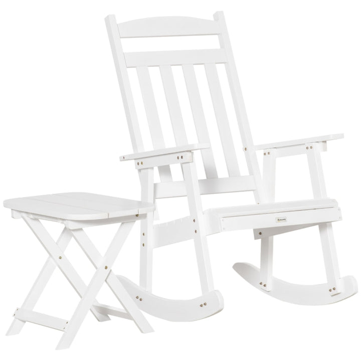 2pc Classic Wooden Porch Rocking Chair w Folding Table, Outdoor Patio Deck Garden, White Fir