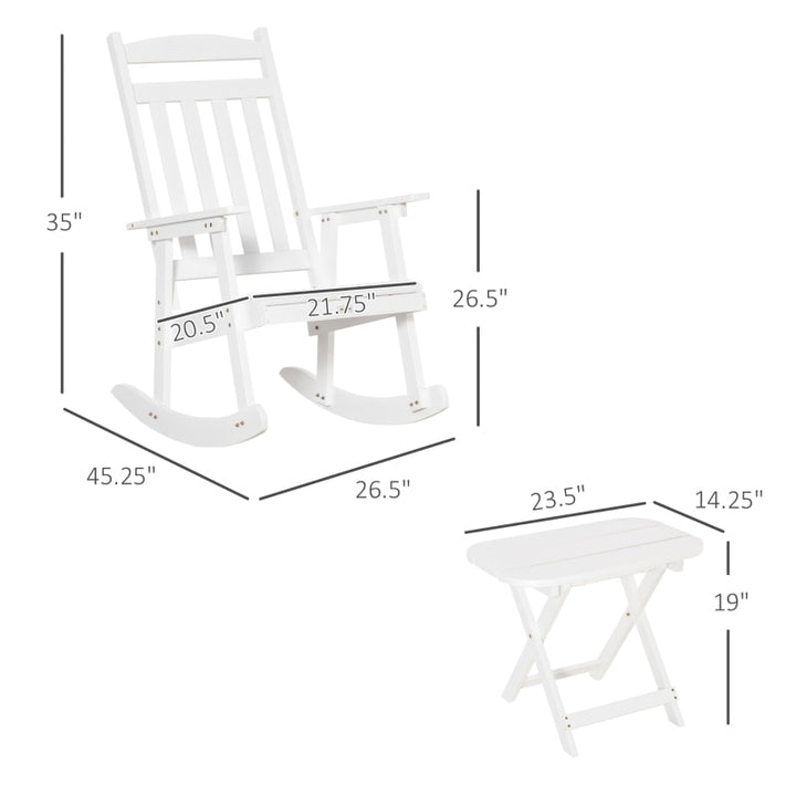 2pc Classic Wooden Porch Rocking Chair w Folding Table, Outdoor Patio Deck Garden, White Fir