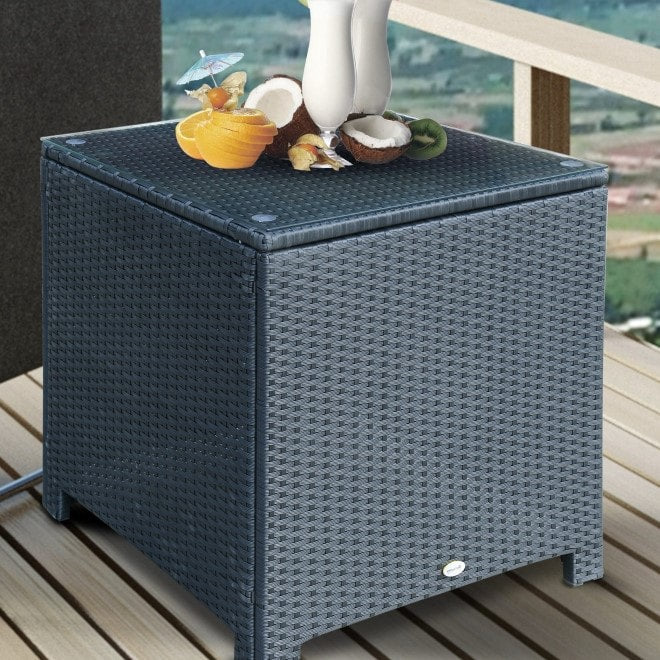 PE Rattan Wicker Side End Coffee Table w Glass Top, Outdoor Dining Patio Deck Furniture - Black