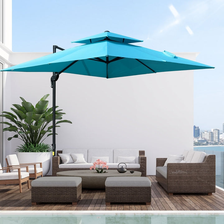 10ft Square Premium Rotating Tilt Roma Offset Cantilever Umbrella Patio w Cross Base, Aqua Blue