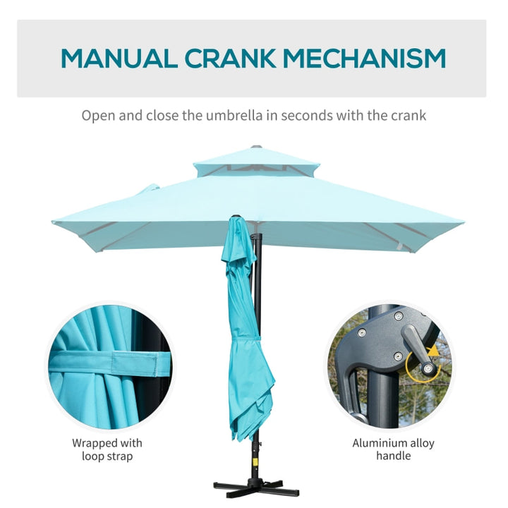 10ft Square Premium Rotating Tilt Roma Offset Cantilever Umbrella Patio w Cross Base, Aqua Blue