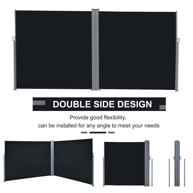 Retractable Double Side Awning Privacy Screen Divider Outdoor Deck Patio Balcony Shade, Black