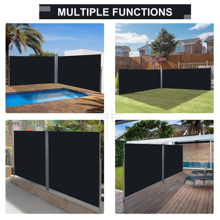 Retractable Double Side Awning Privacy Screen Divider Outdoor Deck Patio Balcony Shade, Black