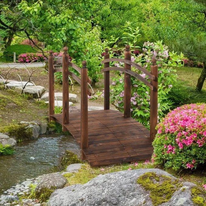 7.5ft Rustic Stained Fir Wood Garden Bridge Arc Walkway w Rails for Pond, Stream, Dark Brown