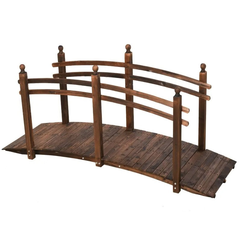 7.5ft Rustic Stained Fir Wood Garden Bridge Arc Walkway w Rails for Pond, Stream, Dark Brown