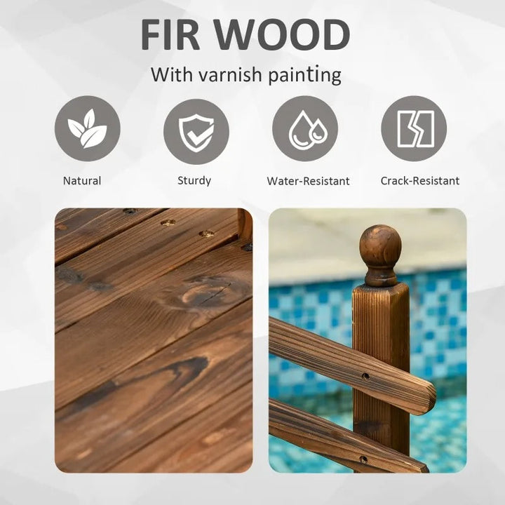 7.5ft Rustic Stained Fir Wood Garden Bridge Arc Walkway w Rails for Pond, Stream, Dark Brown