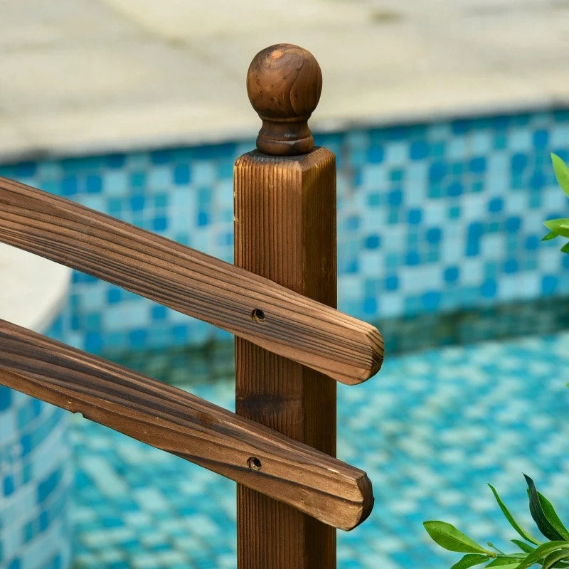 7.5ft Rustic Stained Fir Wood Garden Bridge Arc Walkway w Rails for Pond, Stream, Dark Brown