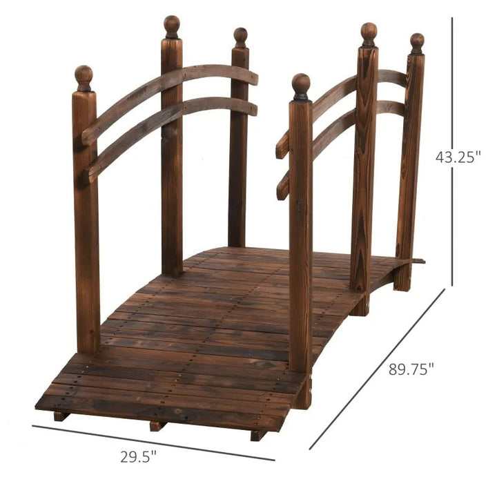7.5ft Rustic Stained Fir Wood Garden Bridge Arc Walkway w Rails for Pond, Stream, Dark Brown