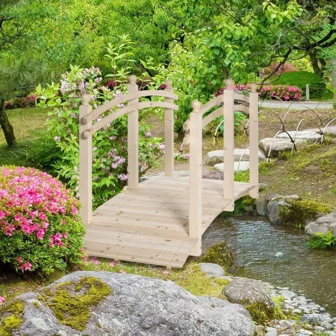 7.5ft Rustic Fir Wood Garden Bridge Arc Walkway w Rails for Yard Stream Pond, Natural Varnish