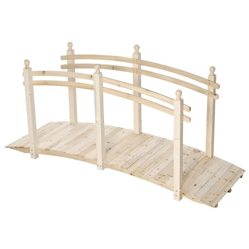 7.5ft Rustic Fir Wood Garden Bridge Arc Walkway w Rails for Yard Stream Pond, Natural Varnish