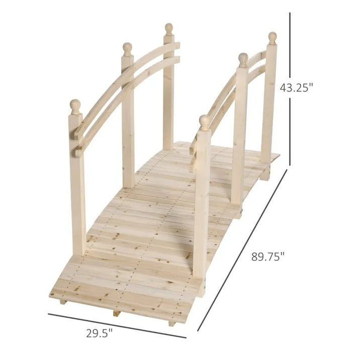 7.5ft Rustic Fir Wood Garden Bridge Arc Walkway w Rails for Yard Stream Pond, Natural Varnish